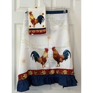 Vintage Rooster And Sunflowers Curtain Ruffle Panels Set 26"X 29 Hand Towel Pair